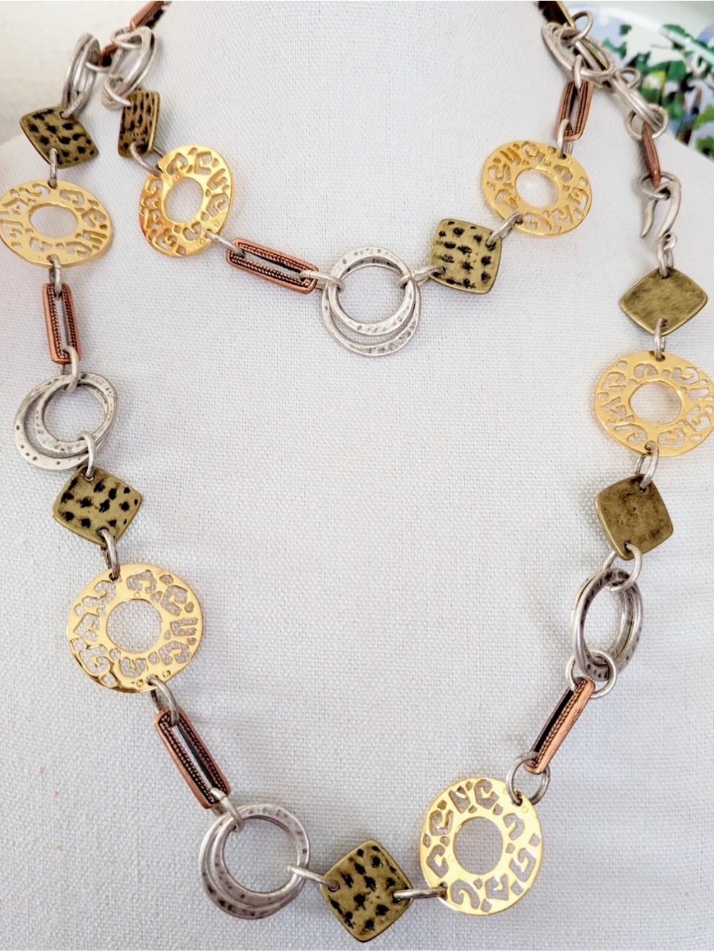 Mixed Metal Cutout Circle & Textured Square Belt - Gold, Silver, Bronze